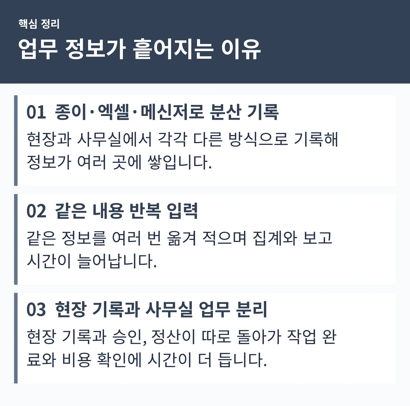 종이·엑셀·메신저 분산, 중복 입력, 승인·정산 지연 세 가지 비효율을 정리한 카드형 그림