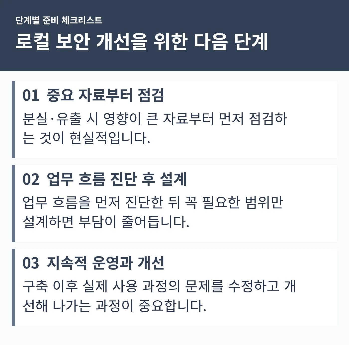 중요 자료부터 점검, 업무 흐름 진단 후 설계, 지속적 운영과 개선 세 단계를 나열한 체크리스트 이미지