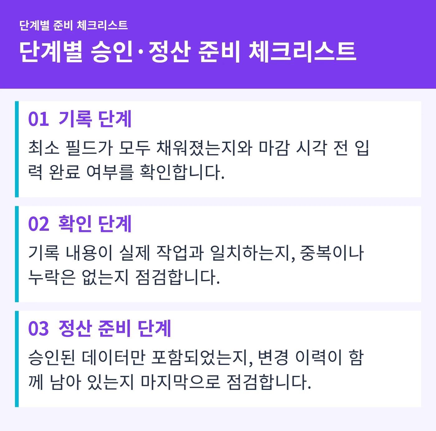 기록, 확인, 승인, 정산 준비 각 단계별로 점검할 항목을 정리한 체크리스트