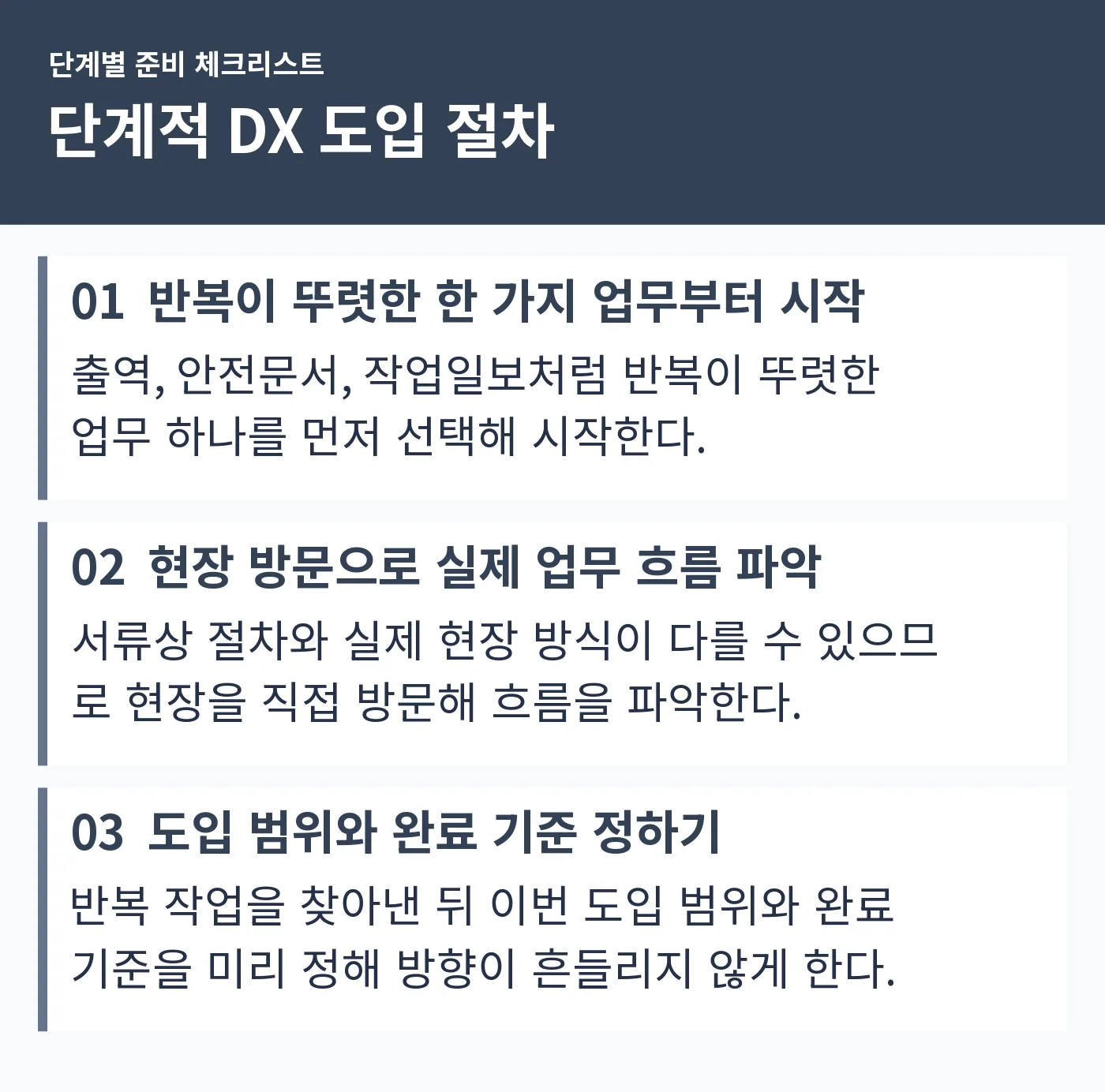 한 가지 업무 선택, 현장 방문, 도입 범위와 완료 기준 정하기 순서로 이어지는 절차 그림